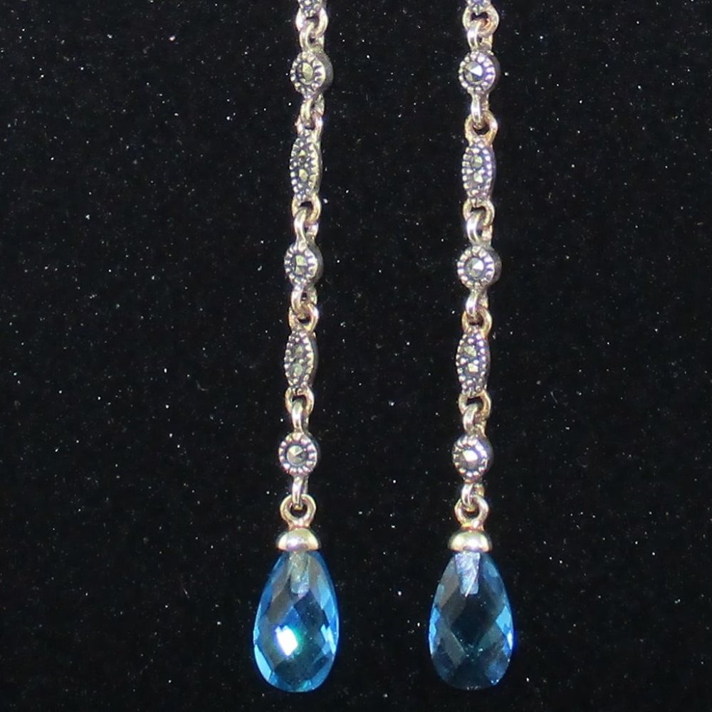 Blue Crystal & Marcasite Dangle Earrings - Picture 3 of 14